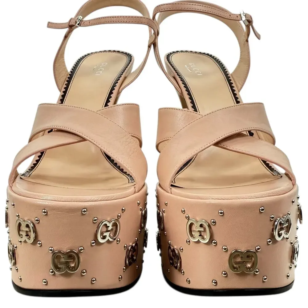 New Gucci Interlocking GG Studded Platfrom Sandals Leather Pink Size 42